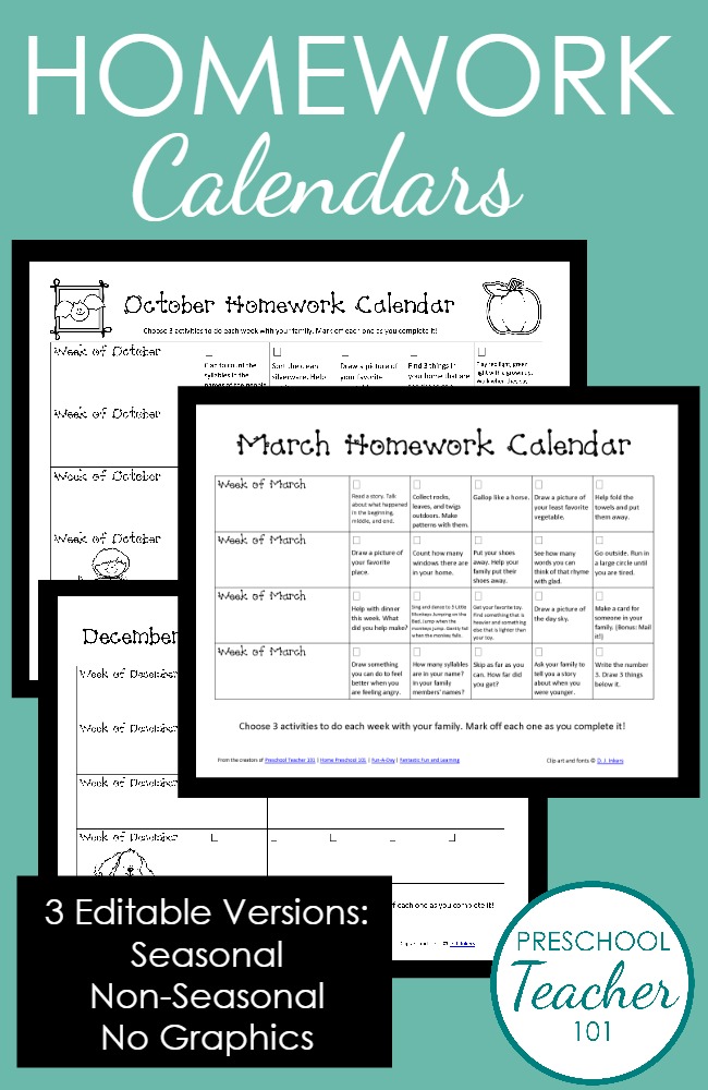 Editable and Printable Homework Calendars for Preschool from Preschool Teacher 101