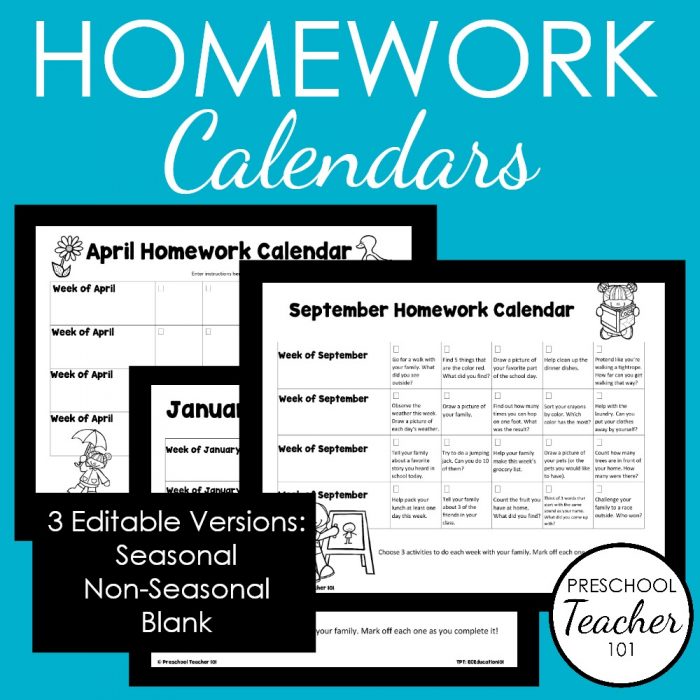 preschool monthly homework calendar